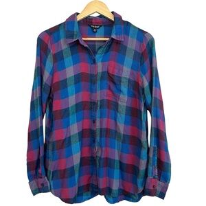 Lucky Brand Women's Medium Blue Pink Teal Soft Casual Button Up Plaid Shirt